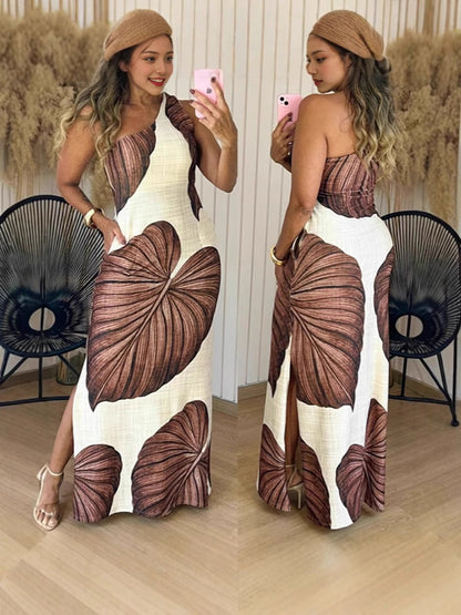 Ladies max dress with exciting leaf pattern and side slit Ivyshape