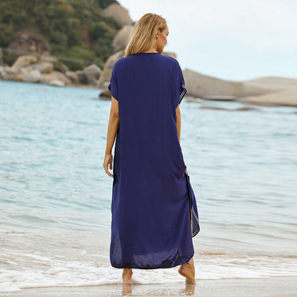 Women’s beach kaftan with intricate embroidery details and asymmetric hem Ivyshape
