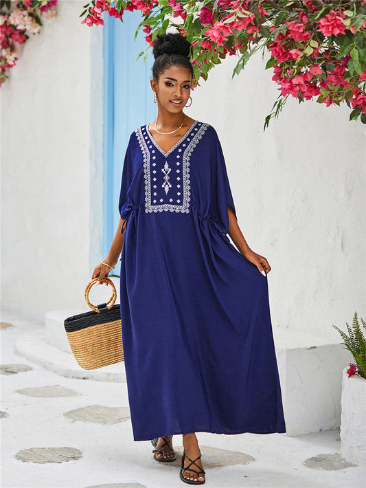 Women's Maxi Dress with artisanal embroidery pattern and loose fit Ivyshape