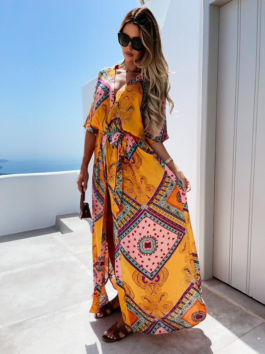 Ladies' maxi dress with a loose fit and colorful ethnic pattern Ivyshape