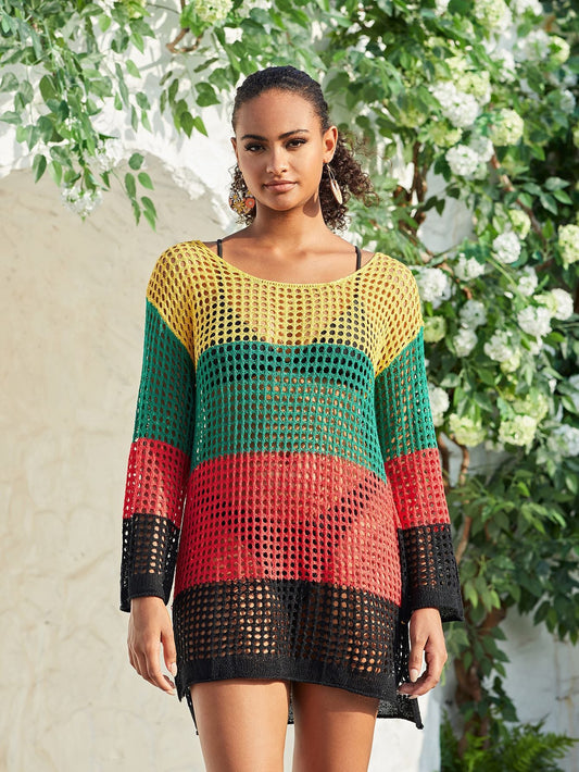 Women's Casual Net Beach Sweater with Colorful Play of Colors Ivyshape