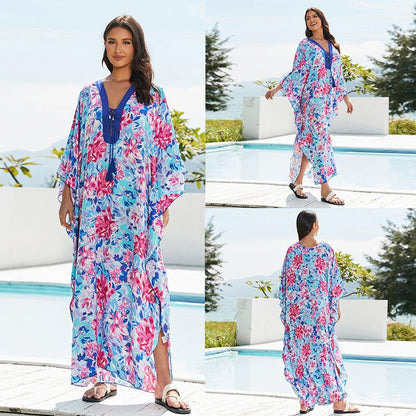 Women's beach kaftan with elegant floral design and wide silhouette Ivyshape
