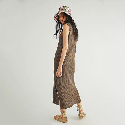 Women's airy crochet beach cover-up with deep V-neckline and decorative pattern Ivyshape