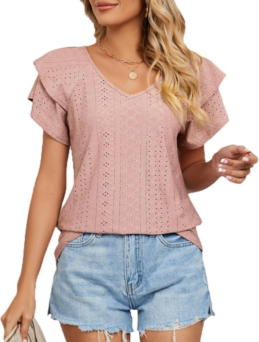 Women Broderie Anglaise V-Neck Top Ivyshape