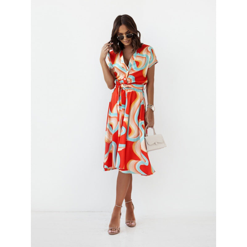 Women's maxi dress with modern geometric cut and waist belt Ivyshape