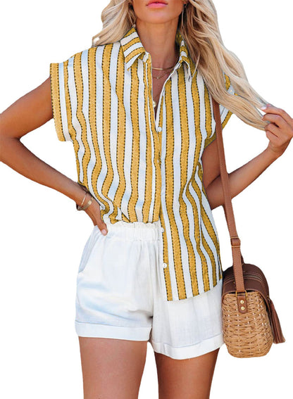 Women's casual linen shirt with striped design and elegant button placket Ivyshape