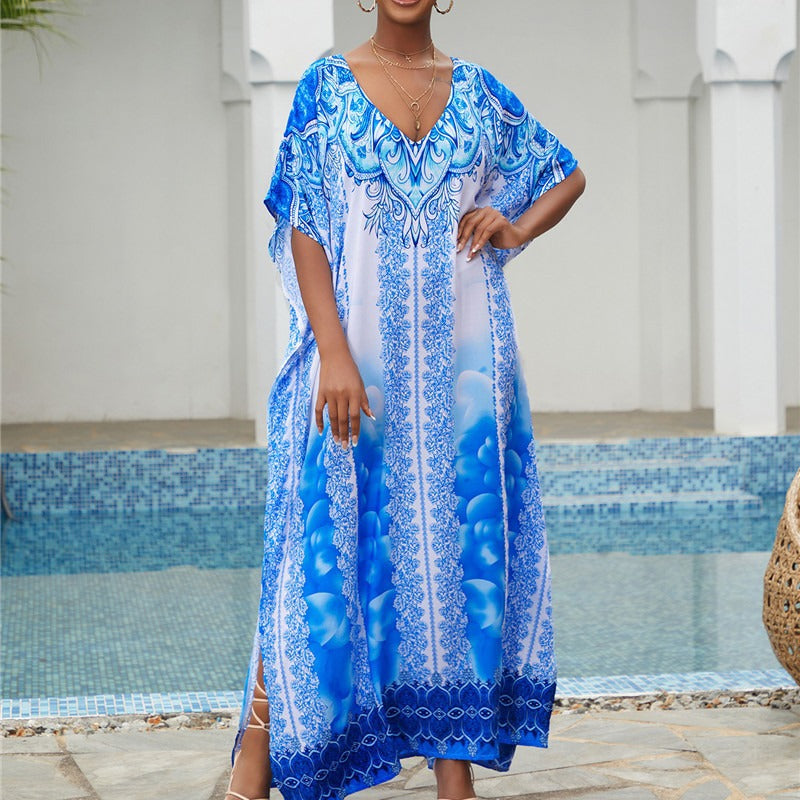 Women’s Maxi Kaftan with artistic azure pattern and elegant V-neck Ivyshape