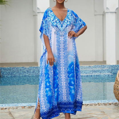Women’s Maxi Kaftan with artistic azure pattern and elegant V-neck Ivyshape
