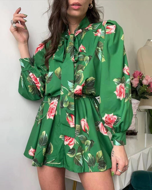 Ladies' floral dress with voluminous sleeves and bow Ivyshape