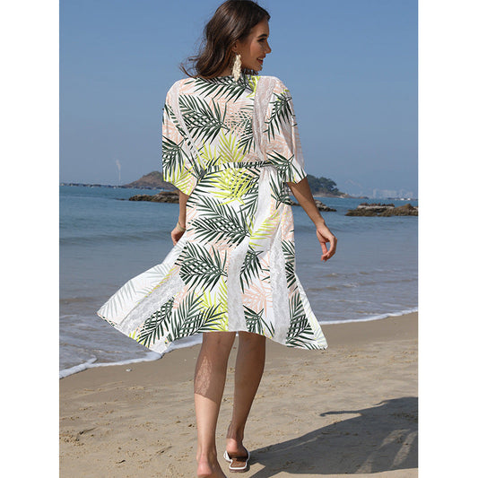 Ladies fashionable beach kimono with V-neck and floral patterns Ivyshape