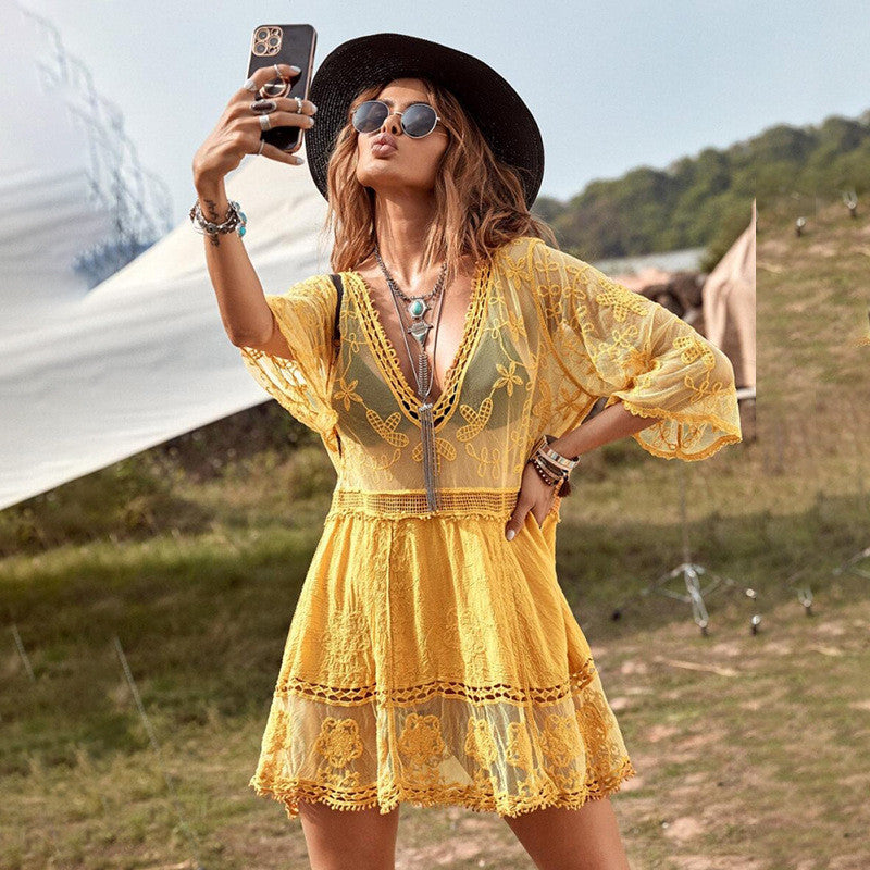 Ladies elegant beach cover-up with fine crochet and lace accents Ivyshape