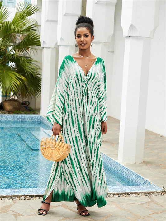 Ladies Maxi Beach Dress with Deep V-Neck and Playful Slit Ivyshape