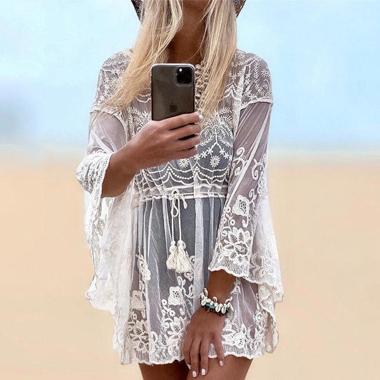 Women's Crochet Beach Cover-Up with Applied Details and Deep V-Neck Ivyshape