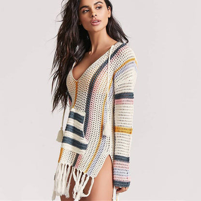 Women's Crochet Beach Poncho with Fringed Hem and Modern Stripes Ivyshape