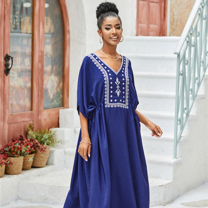 Women's Maxi Dress with artisanal embroidery pattern and loose fit Ivyshape