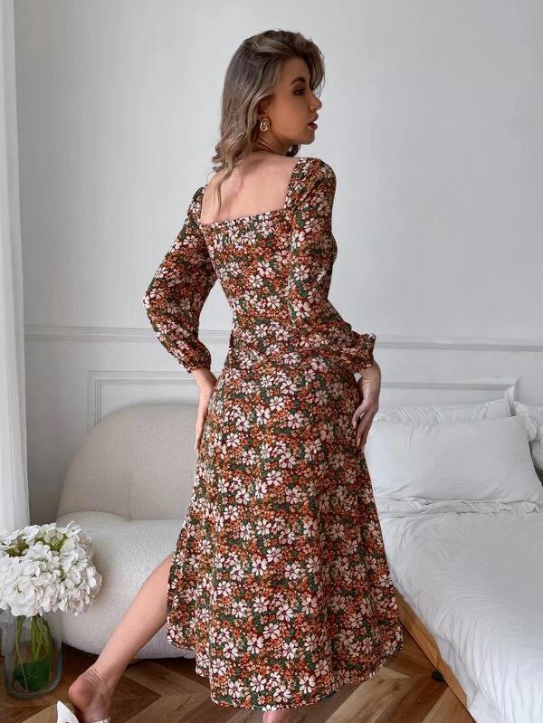 Women's Maxi Dress with Floral Accents and Refined Ruffle Details Ivyshape