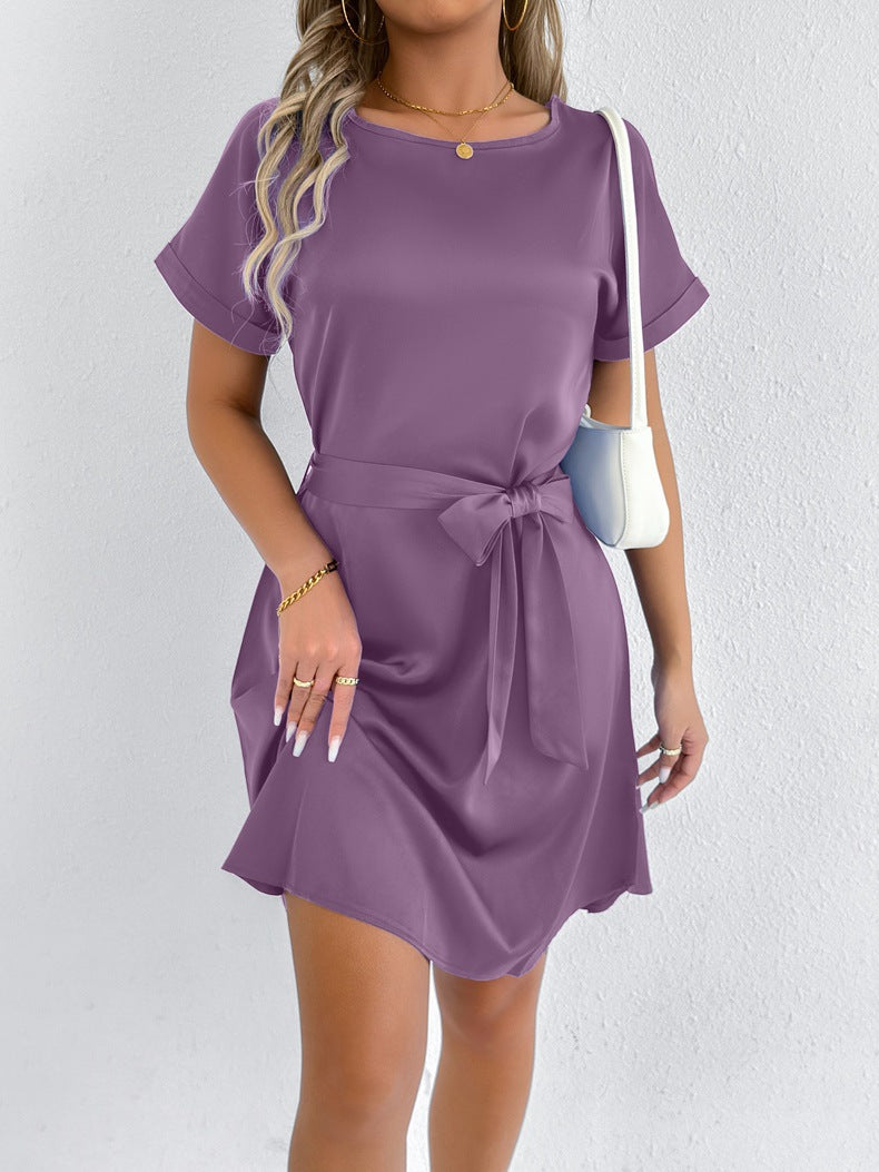 Women’s casual summer dress with fixed waist belt and short sleeve design Ivyshape