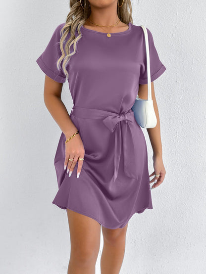 Women’s casual summer dress with fixed waist belt and short sleeve design Ivyshape