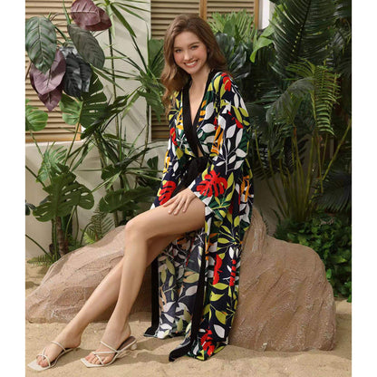 Women's elegant beach kimono with floral pattern and voluminous sleeves Ivyshape