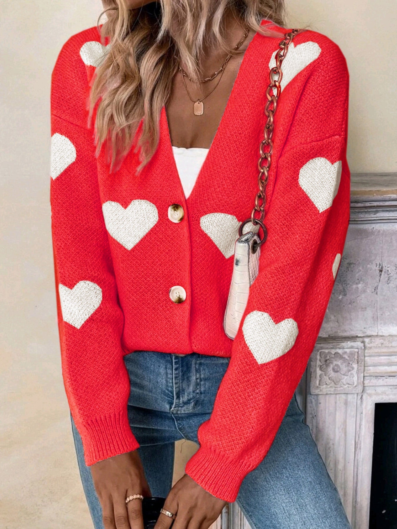 Ladies knitted cardigan with heart pattern and button placket Ivyshape