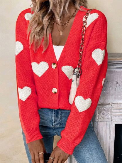 Ladies knitted cardigan with heart pattern and button placket Ivyshape