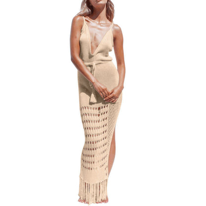 Women’s crochet beach dress with deep V-neckline and fringed hem Ivyshape