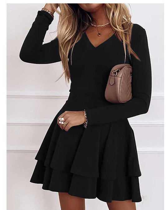 Ladies V-neck dress with ruffles and long sleeves Ivyshape