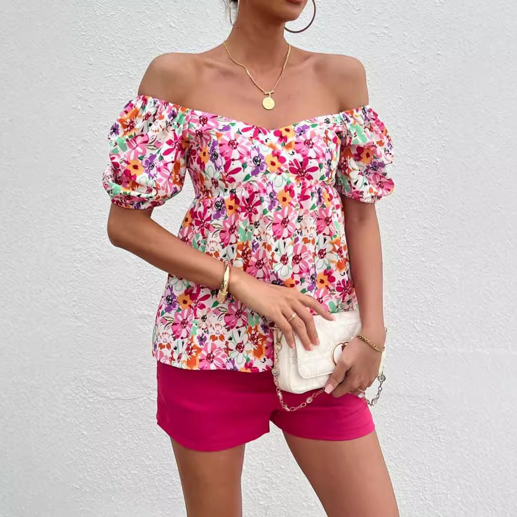 Women’s blouse top with puff sleeves and floral pattern Ivyshape