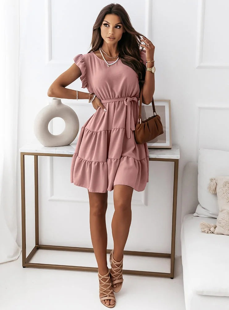 Ladies airy ruffled dress with waist belt and puff sleeves Ivyshape