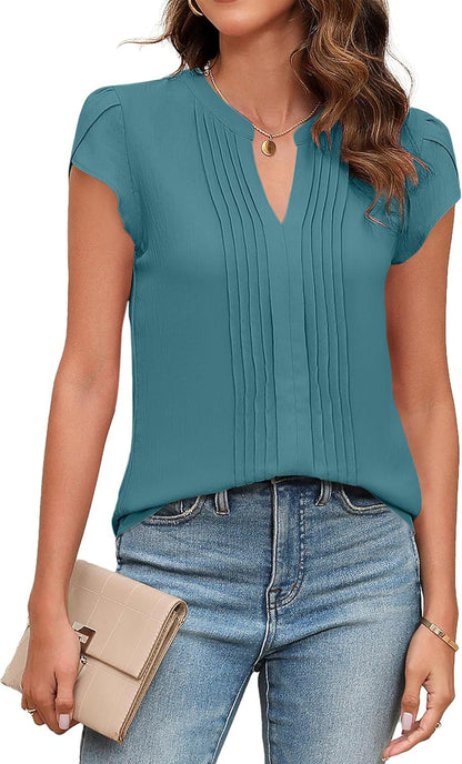 Women Pleated V-Neck Blouse Ivyshape