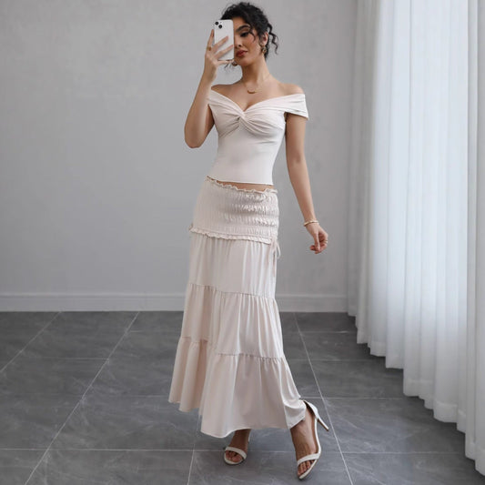 Women's Off-Shoulder Cut-Out Top and Tiered Maxi Dress Set Ivyshape