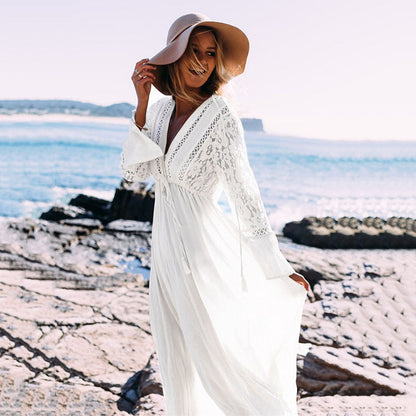 Women's beach robe with elegant crochet embellishment and wide flared sleeves Ivyshape