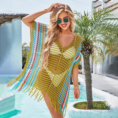 Women's airy mesh beach poncho with fringed accents Ivyshape