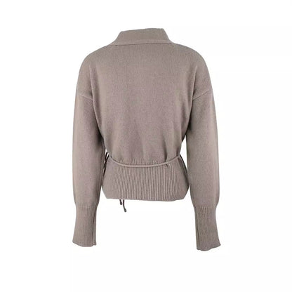 Ladies fashionable knit cardigan with tie belt and deep V-neck Ivyshape