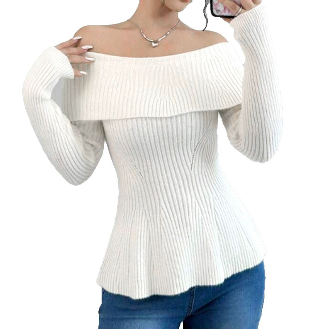 Women Off-Shoulder Knit Sweater with Decorative Ribbed Structures Ivyshape