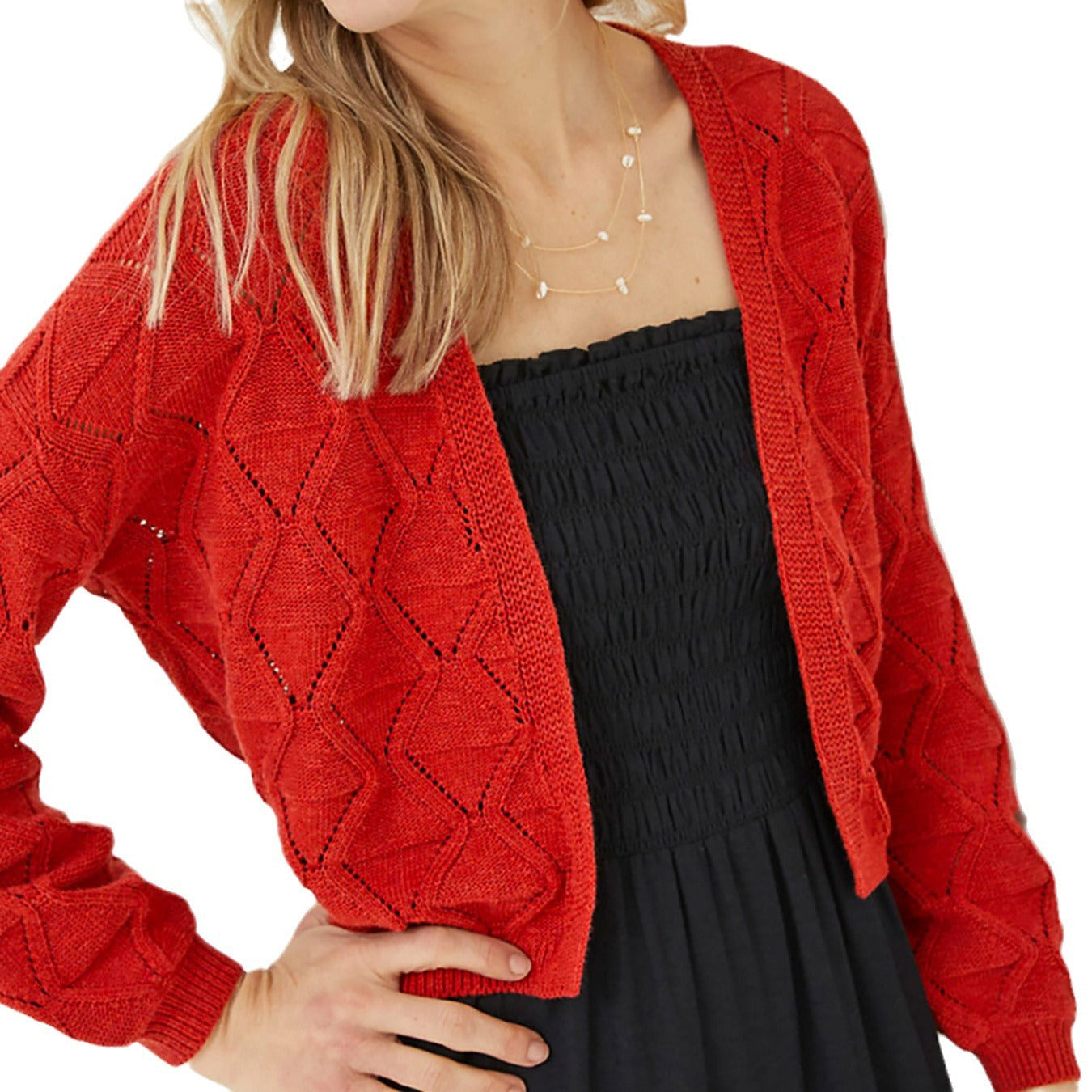Women's casual knitted cardigan with elaborate hole pattern Ivyshape