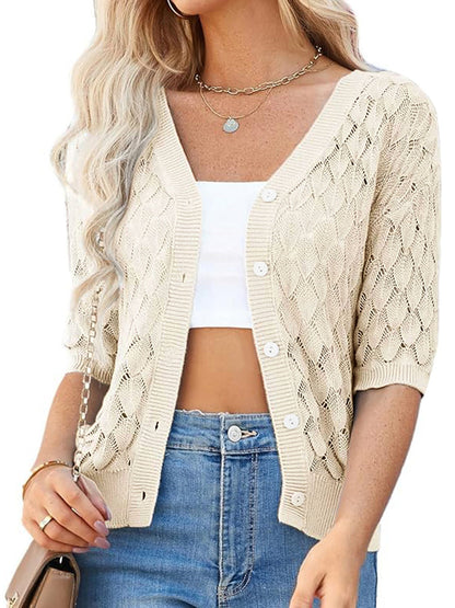 Ladies airy knit cardigan with open front and delicate lace pattern Ivyshape