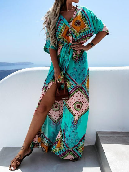 Ladies' maxi dress with a loose fit and colorful ethnic pattern Ivyshape