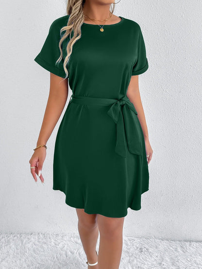 Women’s casual summer dress with fixed waist belt and short sleeve design Ivyshape