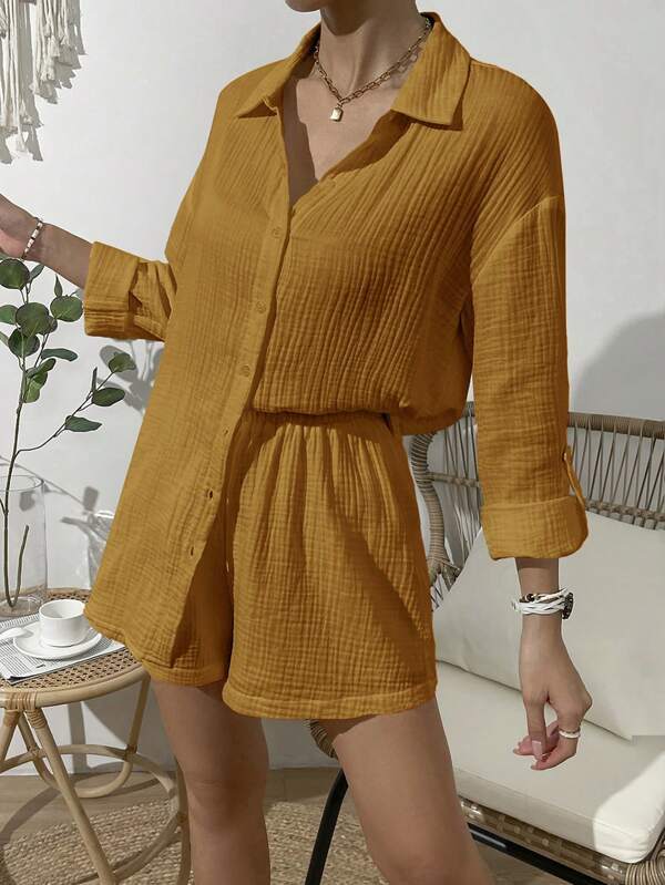 Women's Casual Short Jumpsuit with Shirt Collar and Rolled Sleeves Ivyshape