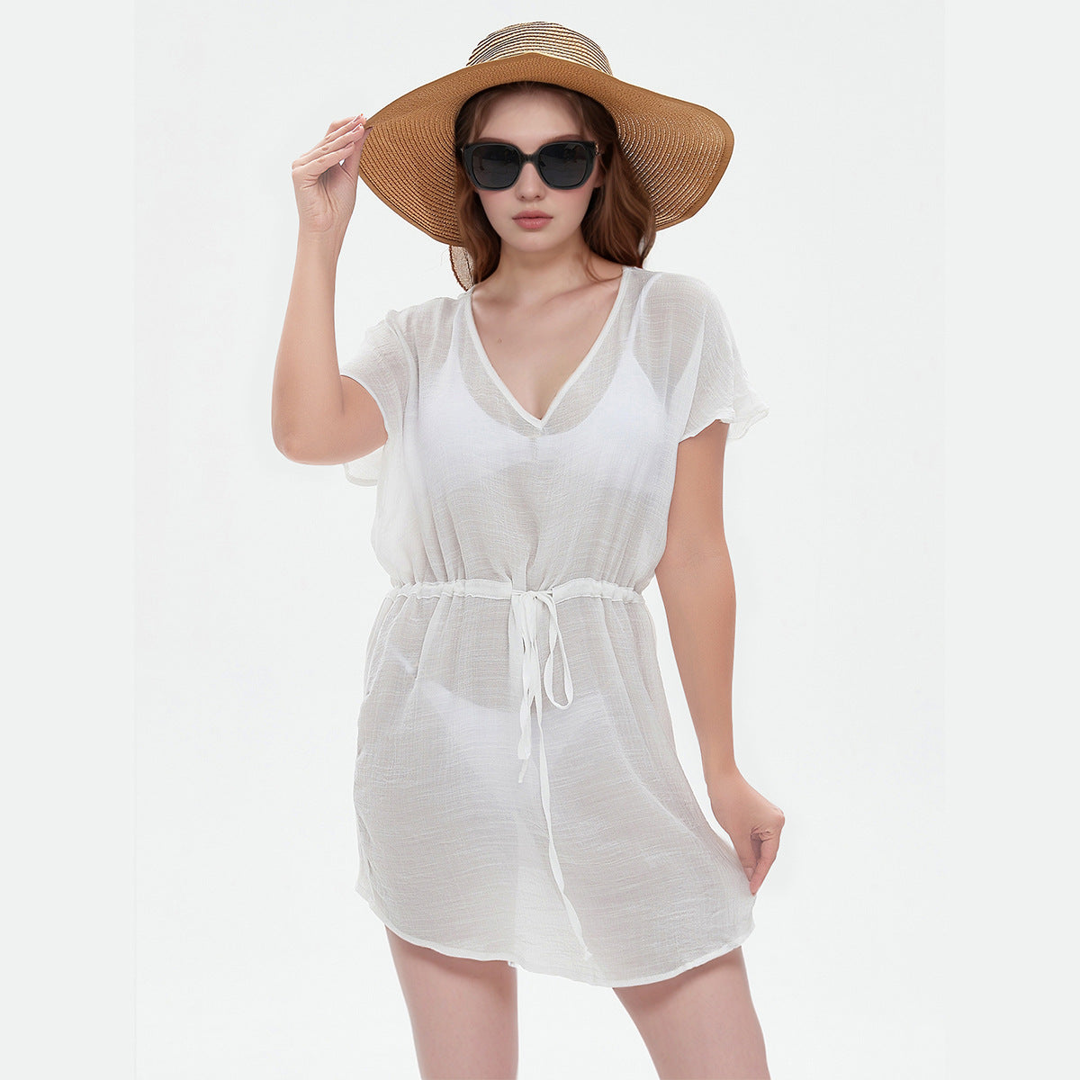 Women's casual short sleeve dress with drawstring waist Ivyshape