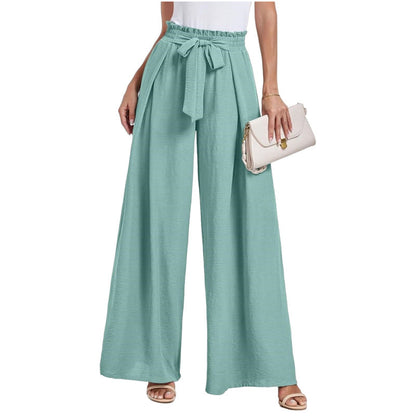 Ladies Wide High Waist Pants with Tie Belt and Elegant Style Ivyshape