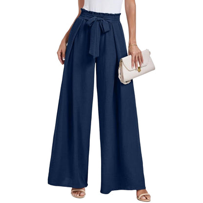 Ladies Wide High Waist Pants with Tie Belt and Elegant Style Ivyshape