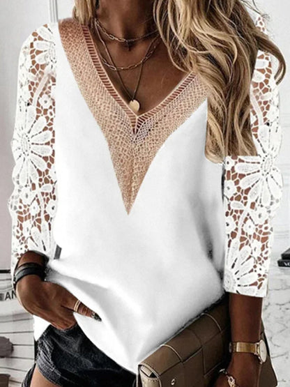 Ladies airy crochet shirt with V-neck and lace inserts Ivyshape