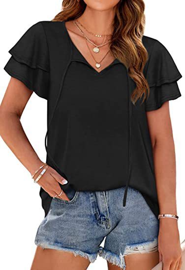 Ladies Casual T-Shirt with Ruffle Cut Ivyshape