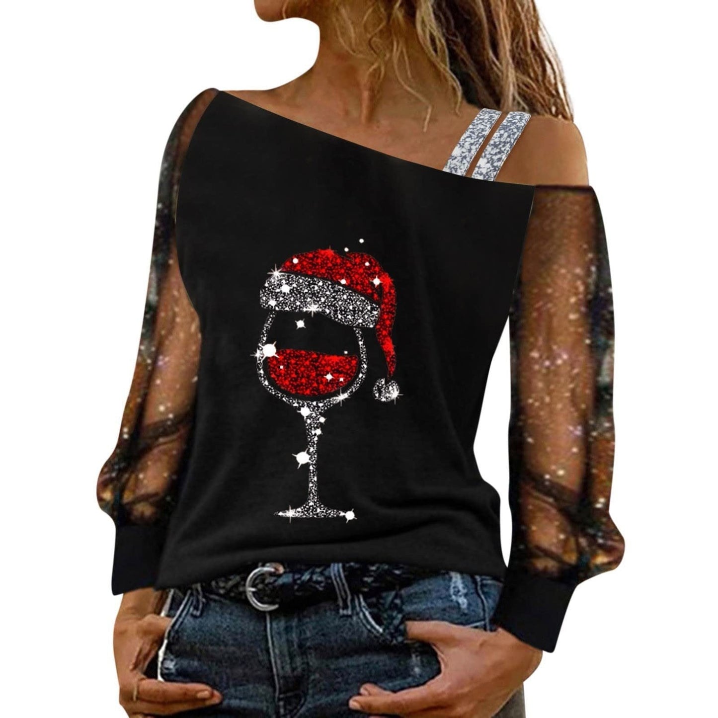 Women's Off-Shoulder Top with Transparent Sleeves and Sparkling Details Ivyshape