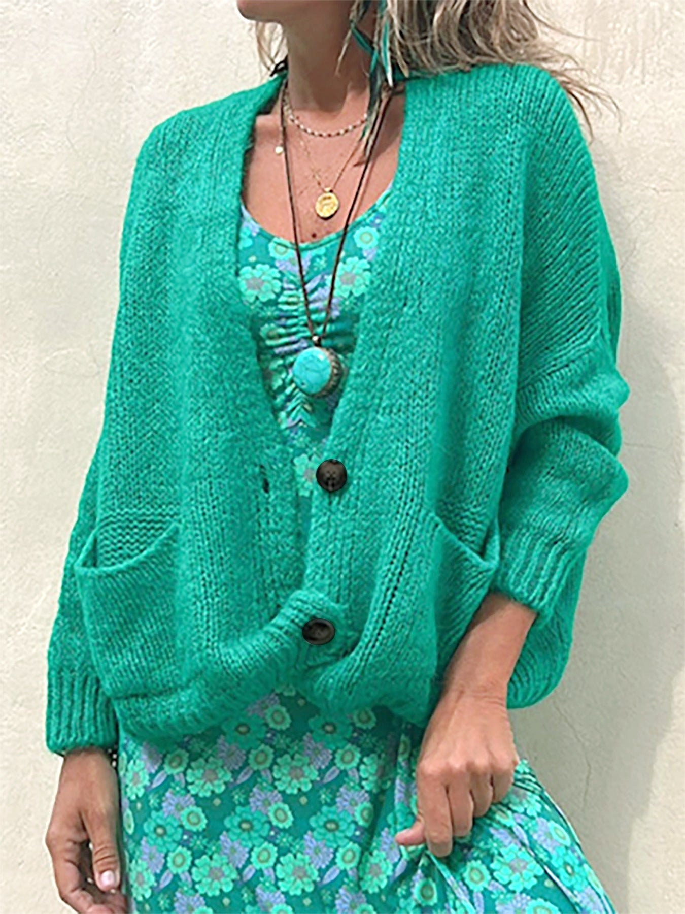 Women's casual knit cardigan with open cut and patch pockets Ivyshape
