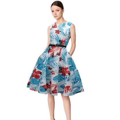 Women's retro-inspired cocktail dress with floral print and waist belt Ivyshape