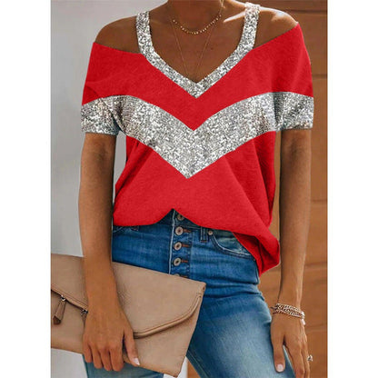 Women V-Neck Sequin Accent Casual Top Ivyshape