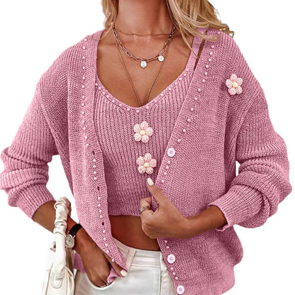 Women's fashionable knit cardigan with floral appliqués and pearl details Ivyshape